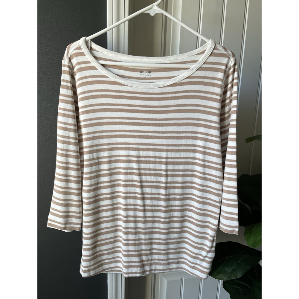 Three Dots 3/4 Sleeve British Tee Light Taupe & White Striped Knit XL Women's